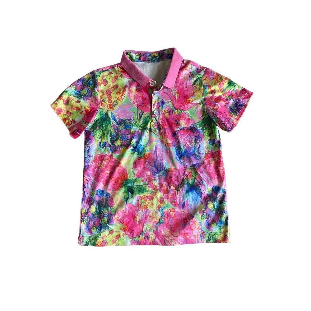 Boys, children’s multicolored pink polo shirt, short sleeve size 6/7 ￼